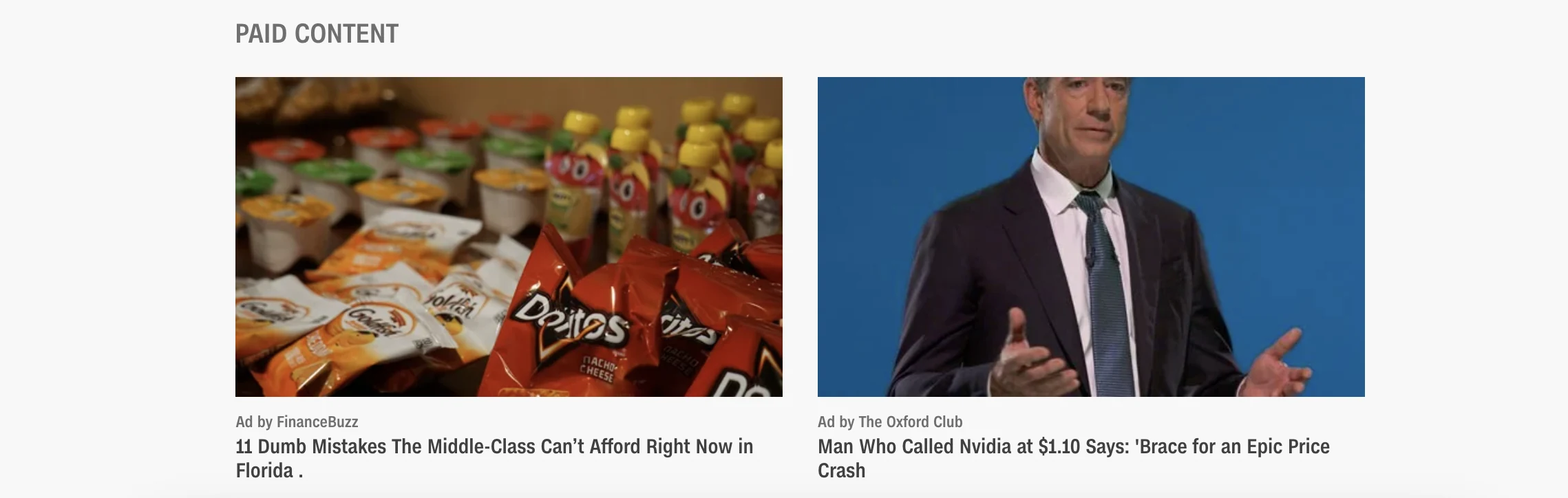 A real 'Paid Content' section on a major publisher site, with each native ad clearly labeled 'Ad by' the sponsoring brand above the headline