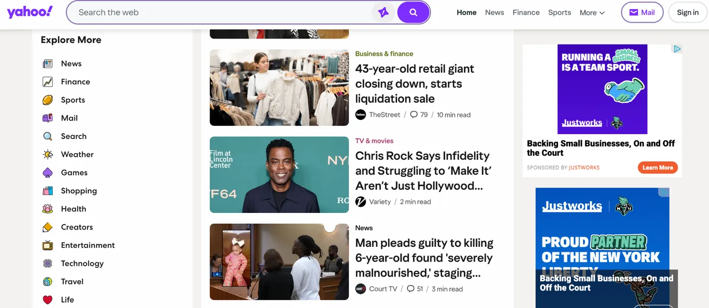 Yahoo publisher environment showing native advertising placements